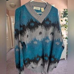 Vintage "Steel" Teal and Gray Patterned Sweater